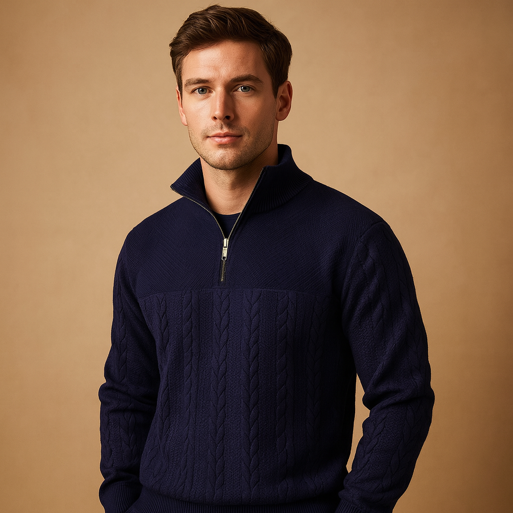 Men's Stand Collar Quarter-Zip Cable Pullover - Navy Blue
