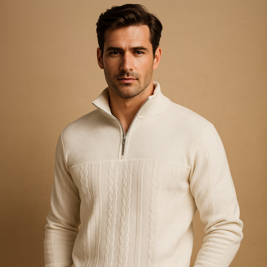 Men's Stand Collar Quarter-Zip Cable Pullover - White