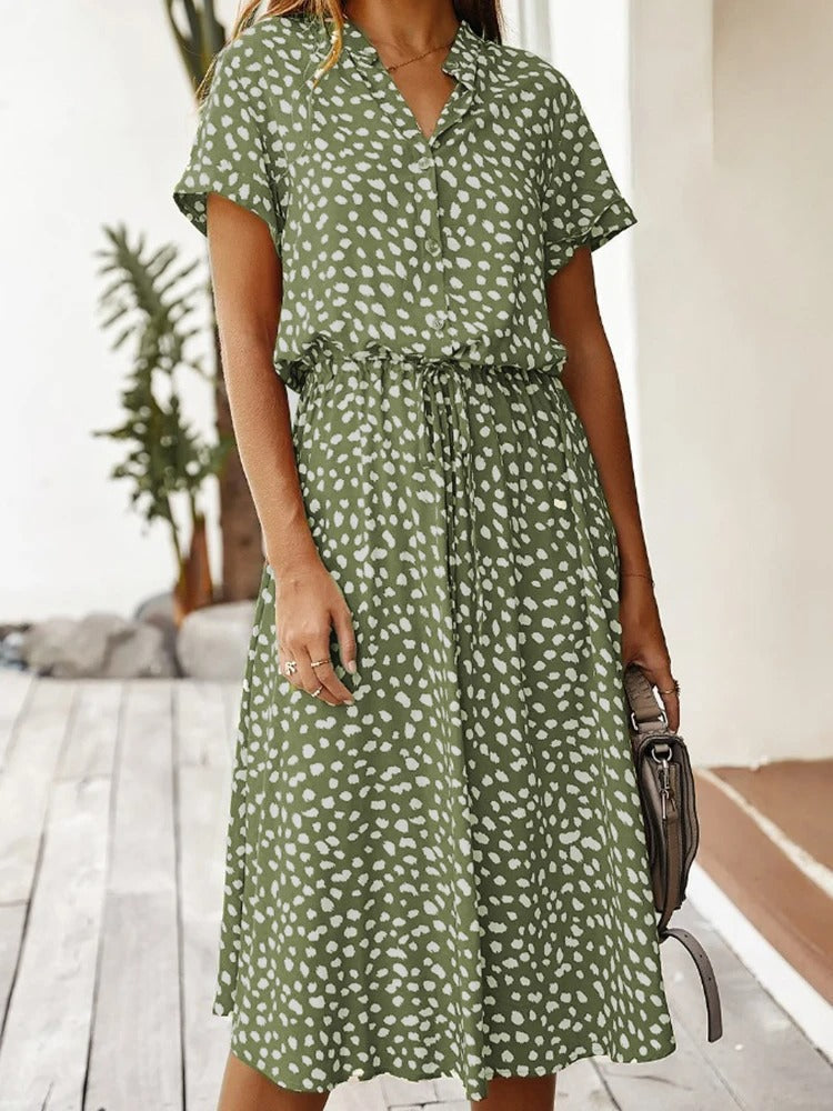 Women's Midi Summer Dress Adjustable Waist Lightweight Printed