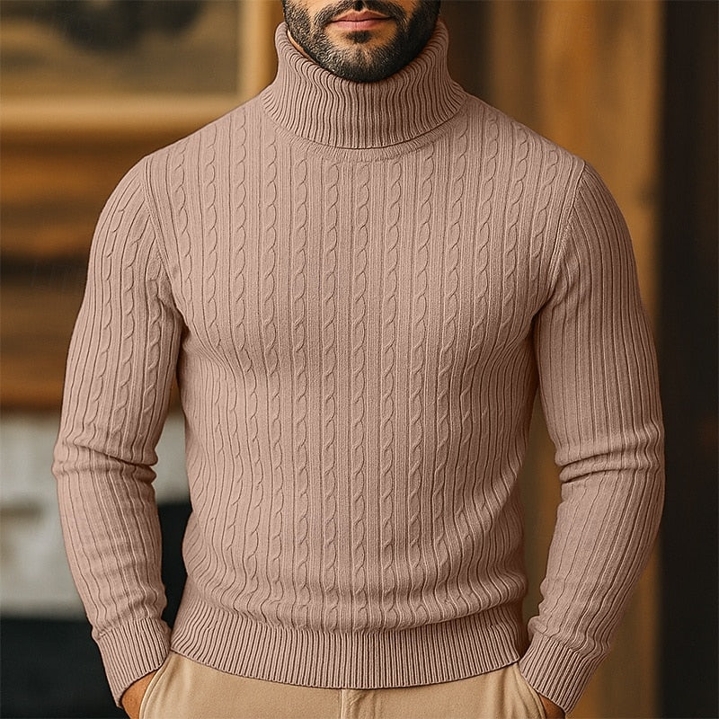 Men's Slim-Fit Turtleneck Sweater with Twisted Cable Texture - Coffee