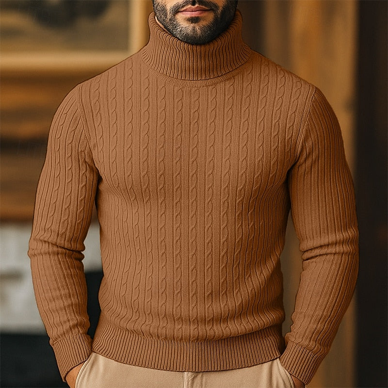 Men's Slim-Fit Turtleneck Sweater with Twisted Cable Texture - Brown