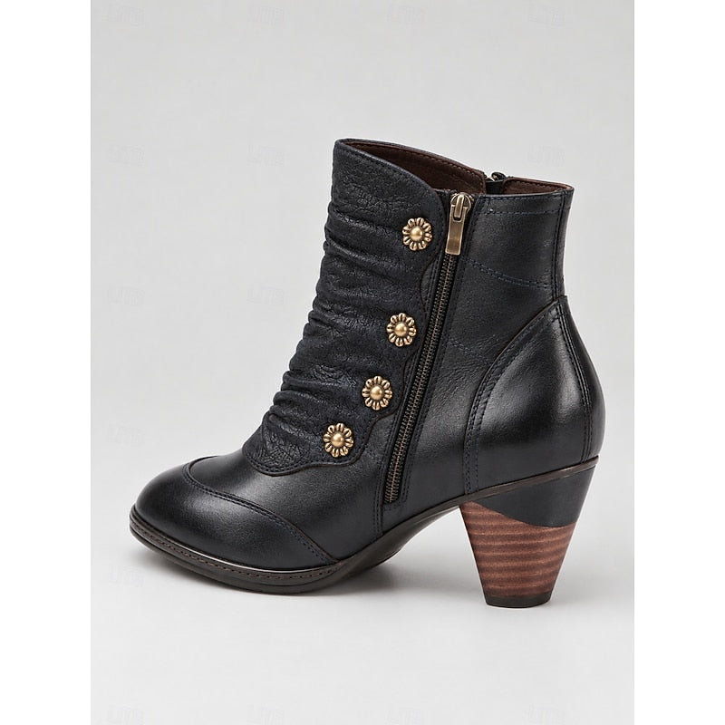 Women's Floral Button Ruched Booties with Stacked Heel