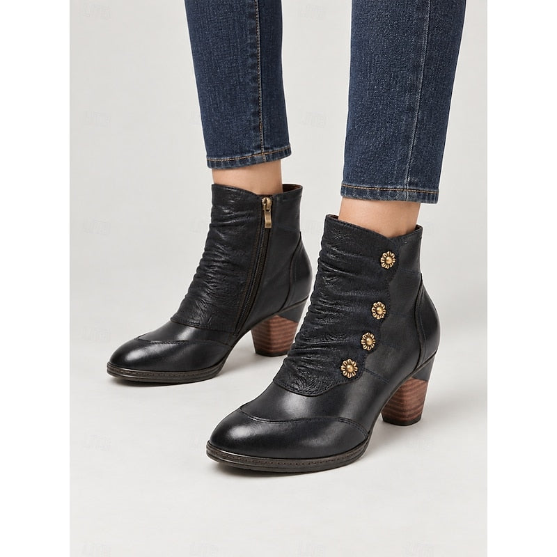 Women's Floral Button Ruched Booties with Stacked Heel
