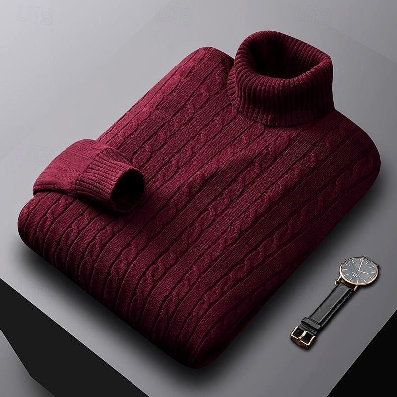 Men's Everyday Cable Turtleneck Sweater in a Regular Cut - Burgundy