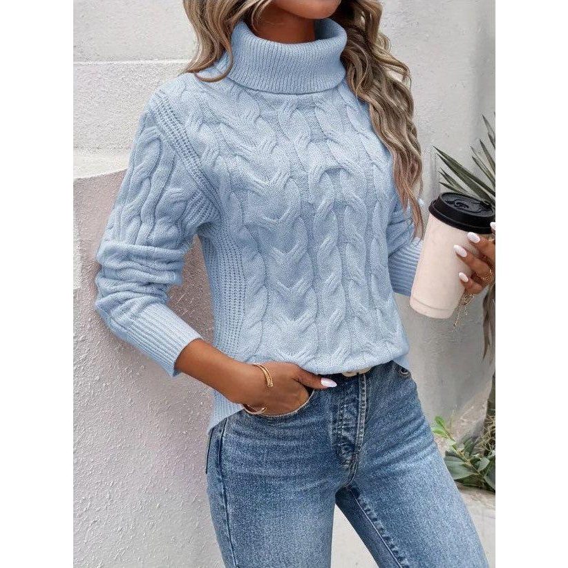 Women's Cropped Cable Turtleneck for High-Waist Outfits - Baby Blue