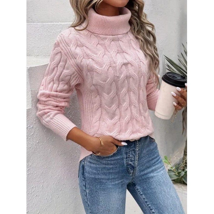 Women's Cropped Cable Turtleneck for High-Waist Outfits - Pink