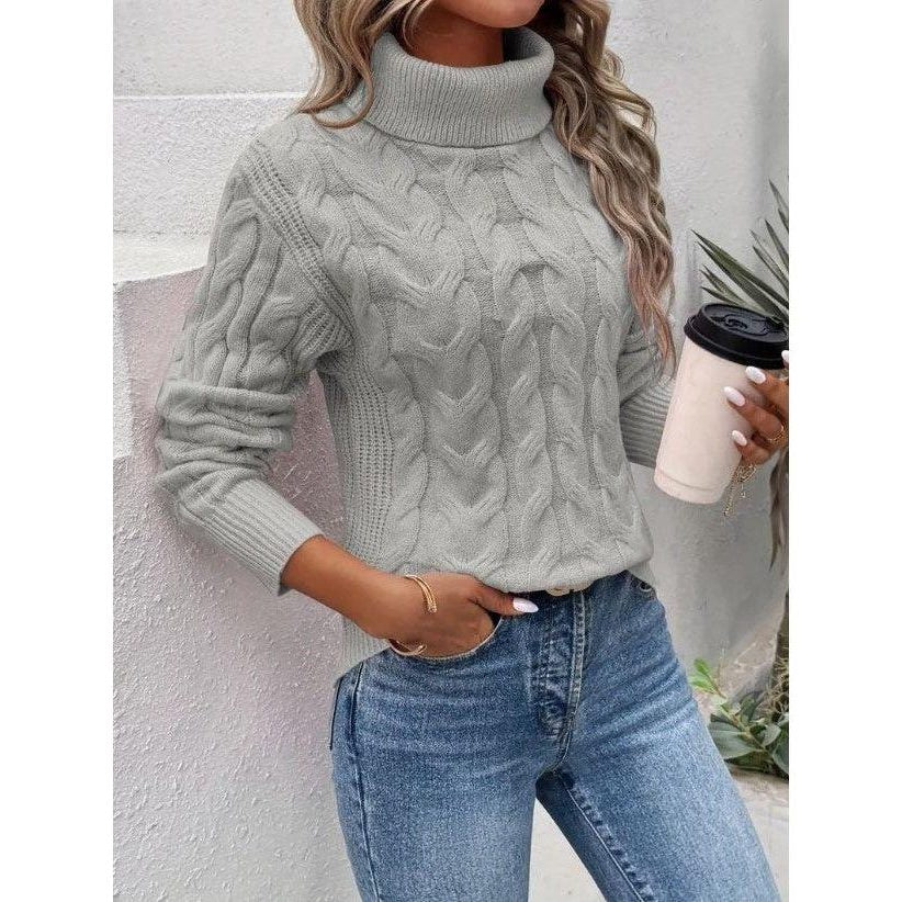 Women's Cropped Cable Turtleneck for High-Waist Outfits - Gray