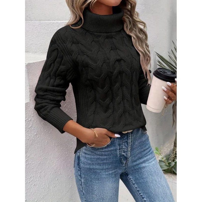 Women's Cropped Cable Turtleneck for High-Waist Outfits - Black