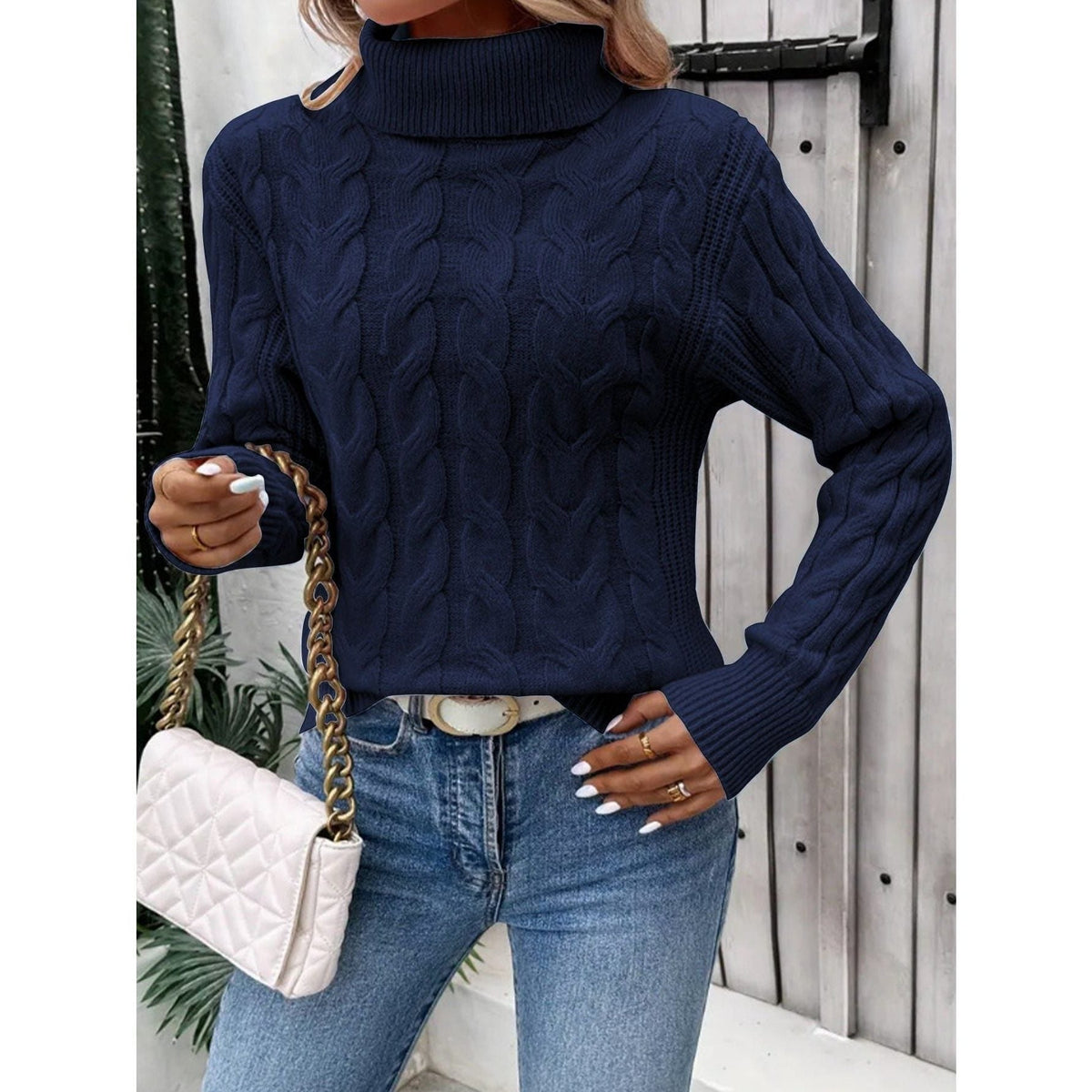Women's Cropped Cable Turtleneck for High-Waist Outfits - Blue