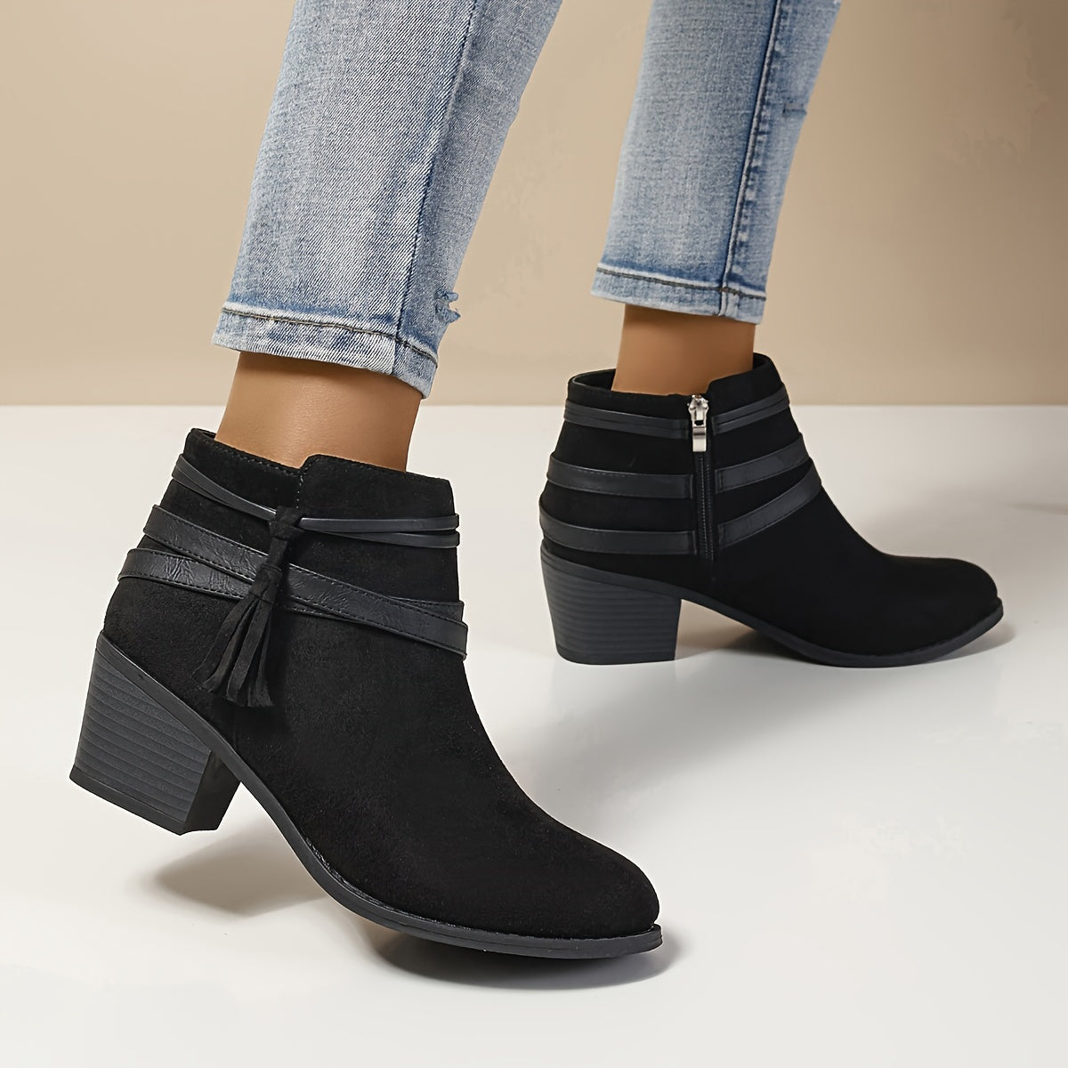 Women's Tassel Ankle Boots with Block Heel