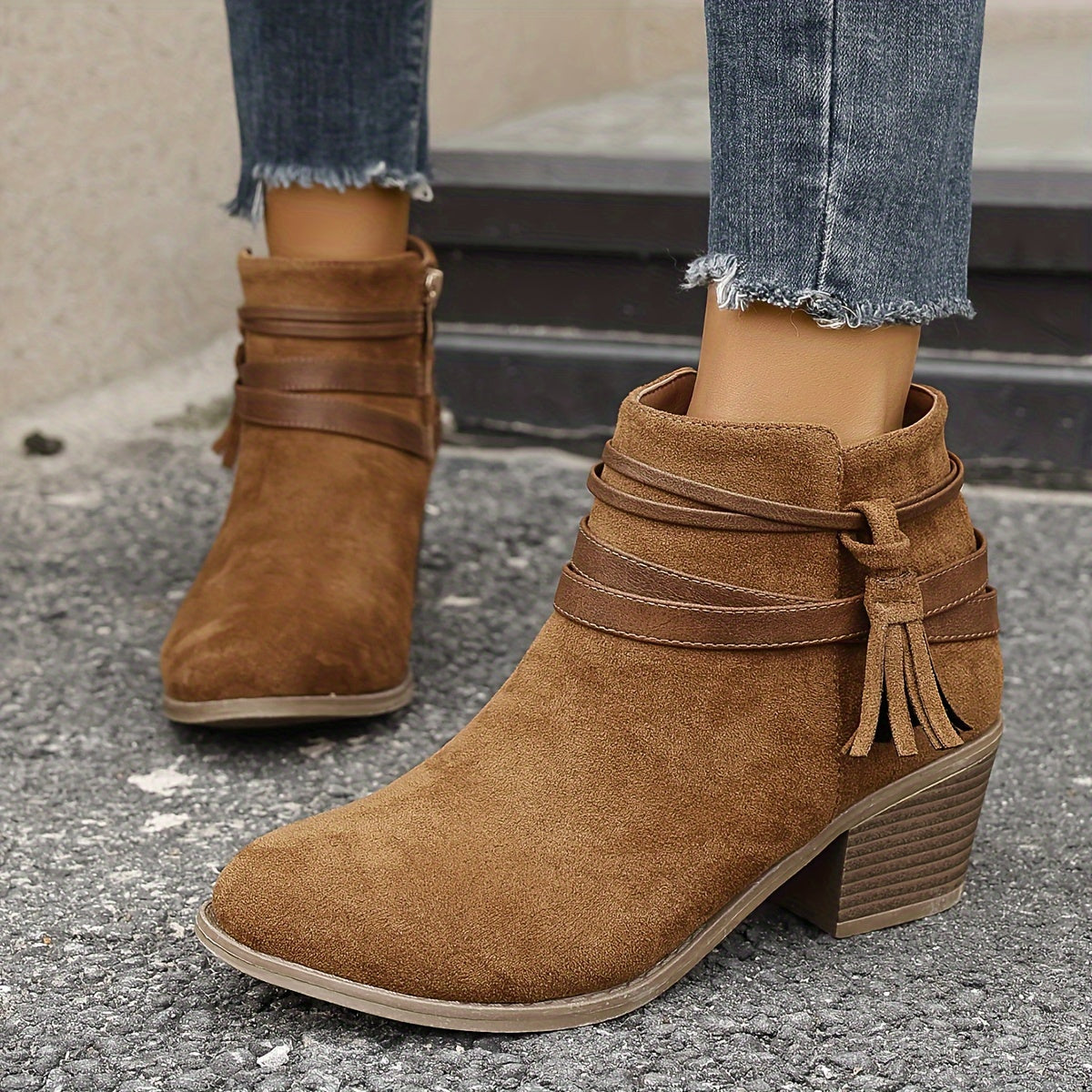 Women's Tassel Ankle Boots with Block Heel