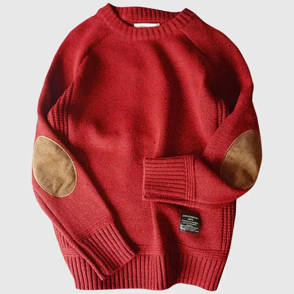 Men's Warm Crew Neck Jumper with Elbow Patches Knit