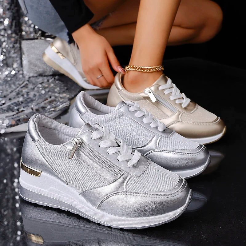 Women's Metallic Mesh-Panel Chunky Lace-Up Shoes
