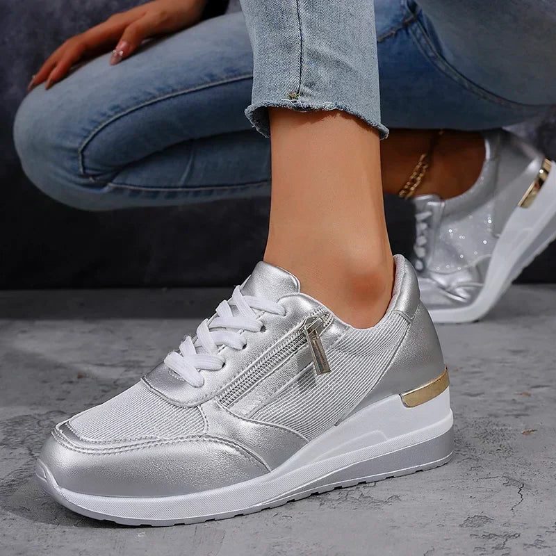 Women's Metallic Mesh-Panel Chunky Lace-Up Shoes - Silver