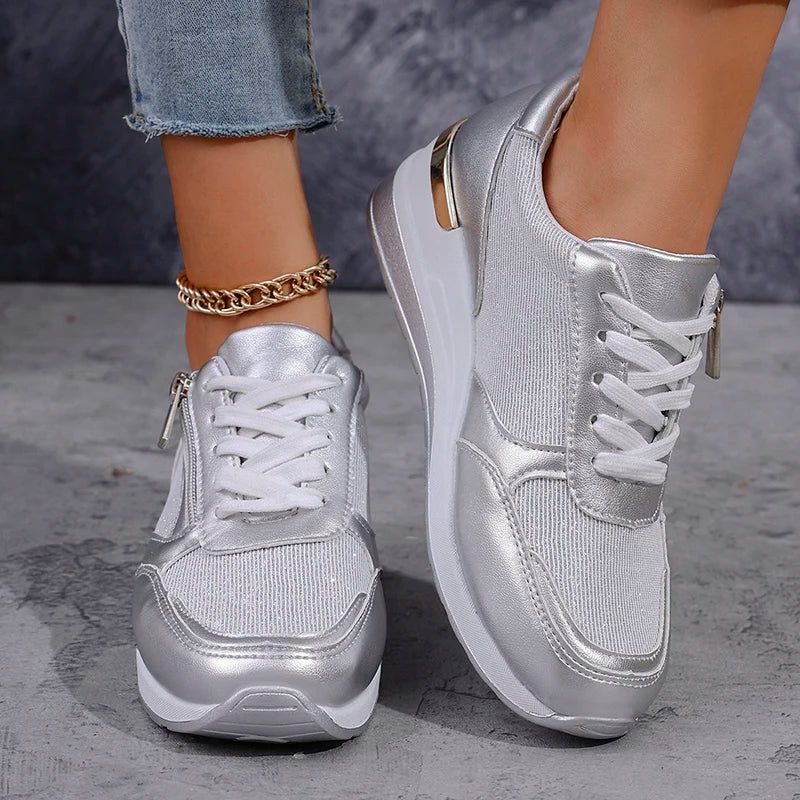 Women's Metallic Mesh-Panel Chunky Lace-Up Shoes