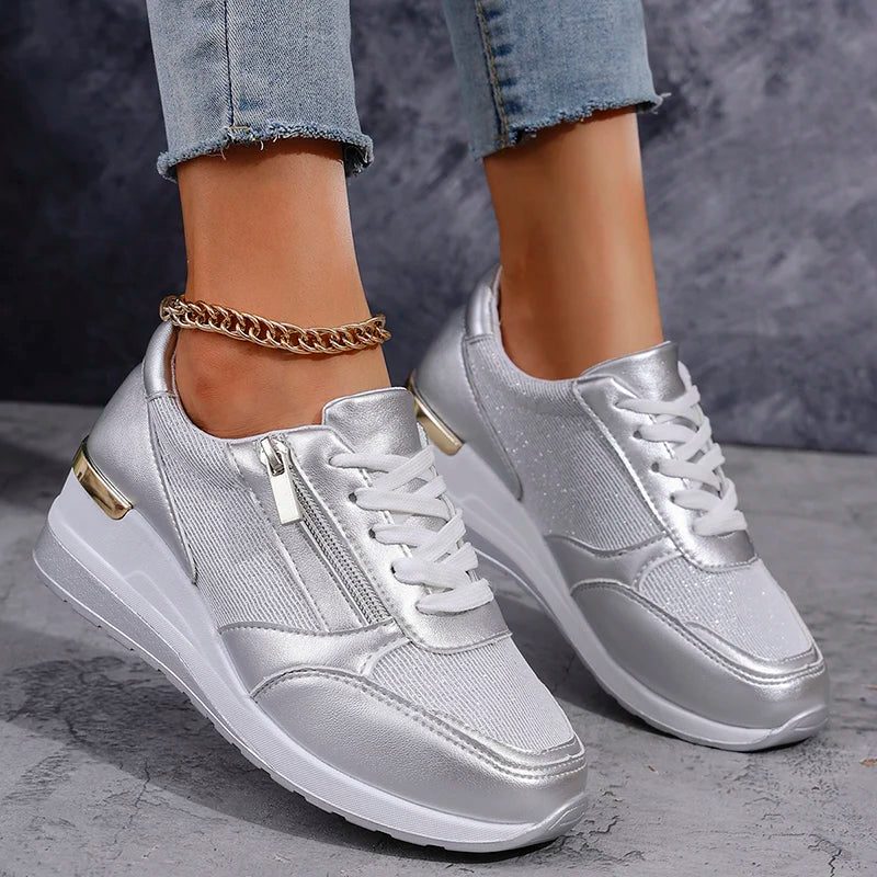 Women's Metallic Mesh-Panel Chunky Lace-Up Shoes