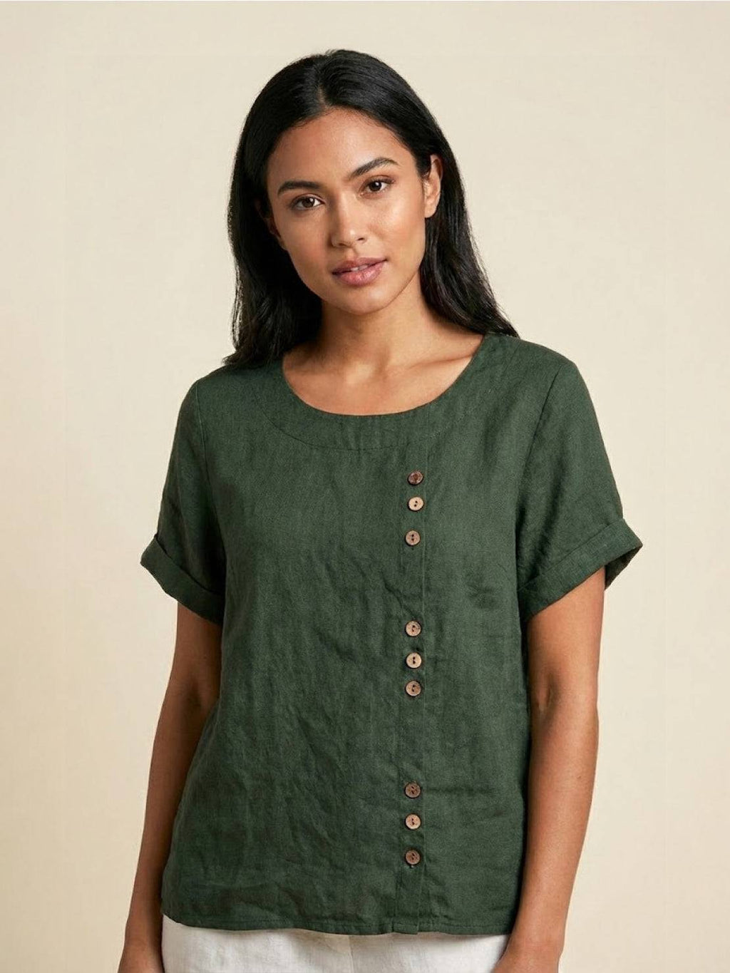 Women's Linen Round Neck Button Blouse