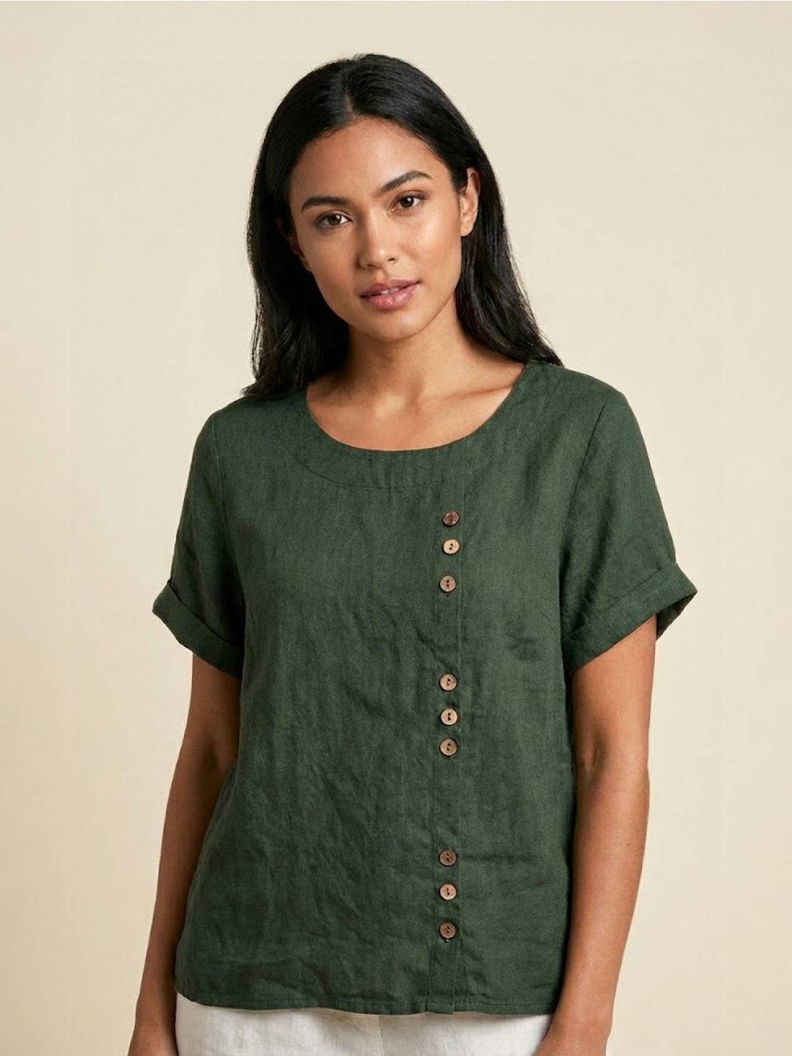 Women's Linen Round Neck Button Blouse