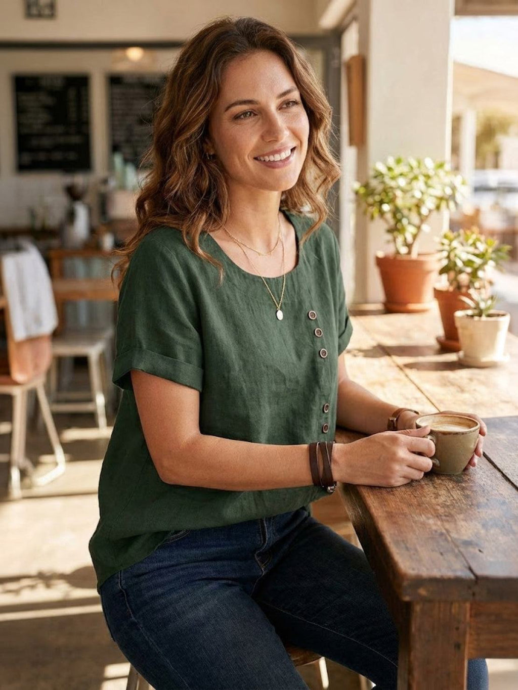 Women's Linen Round Neck Button Blouse
