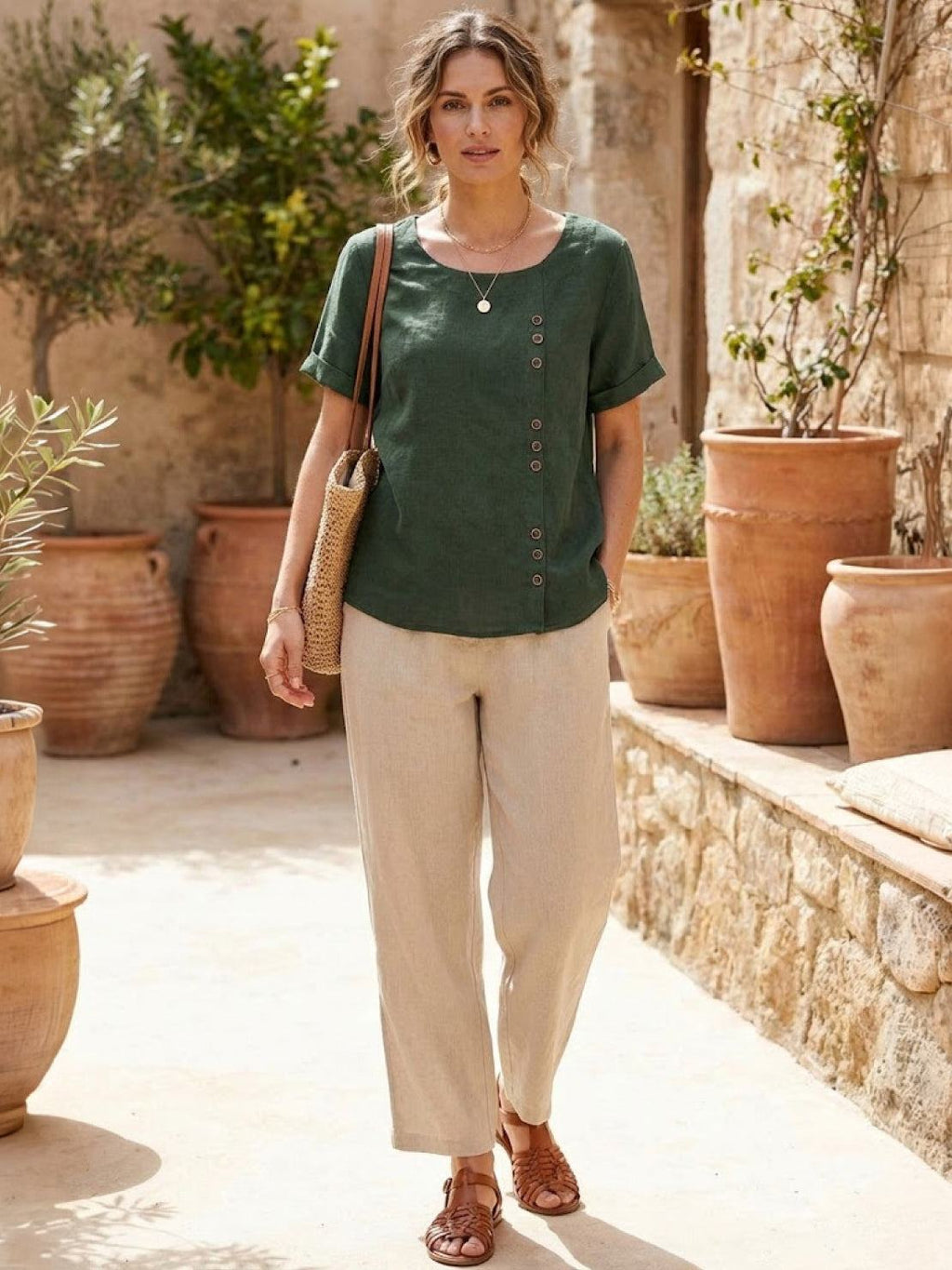 Women's Linen Round Neck Button Blouse