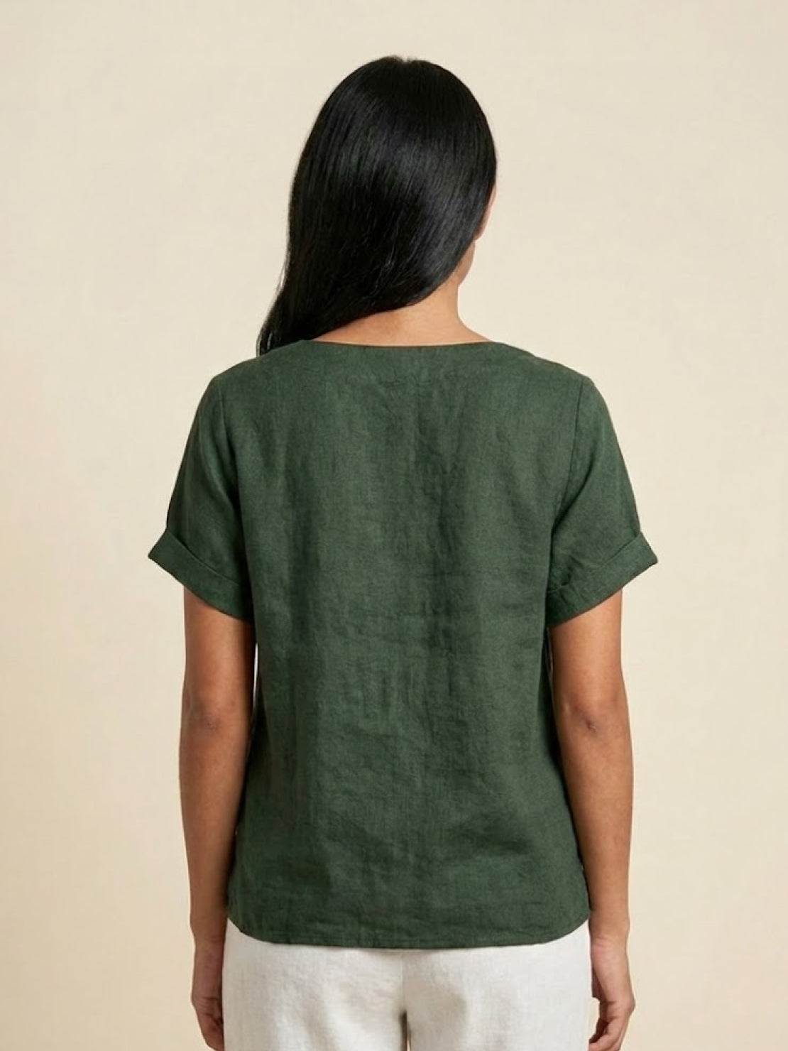 Women's Linen Round Neck Button Blouse