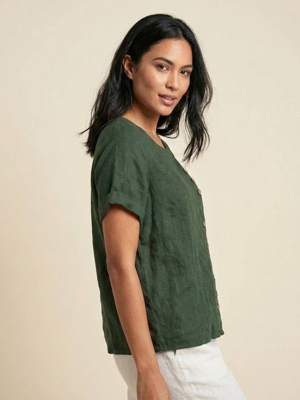Women's Linen Round Neck Button Blouse