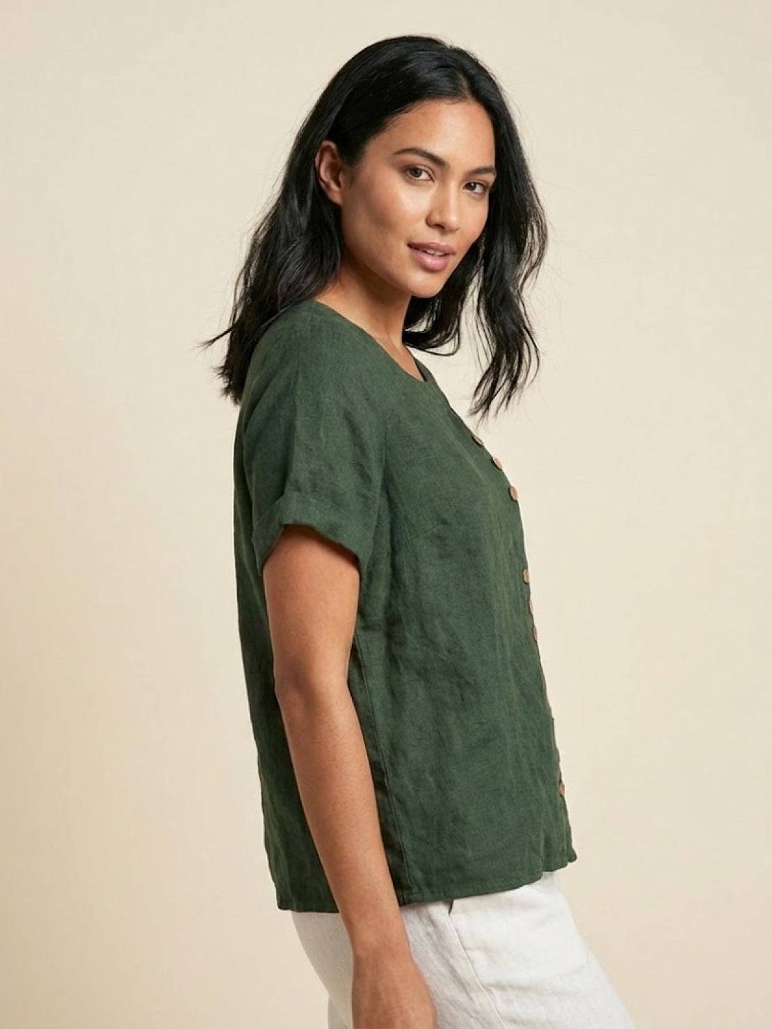 Women's Linen Round Neck Button Blouse