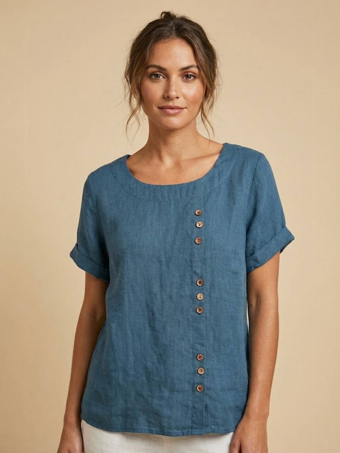 Women's Linen Round Neck Button Blouse
