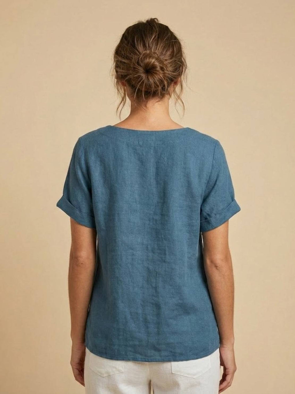 Women's Linen Round Neck Button Blouse