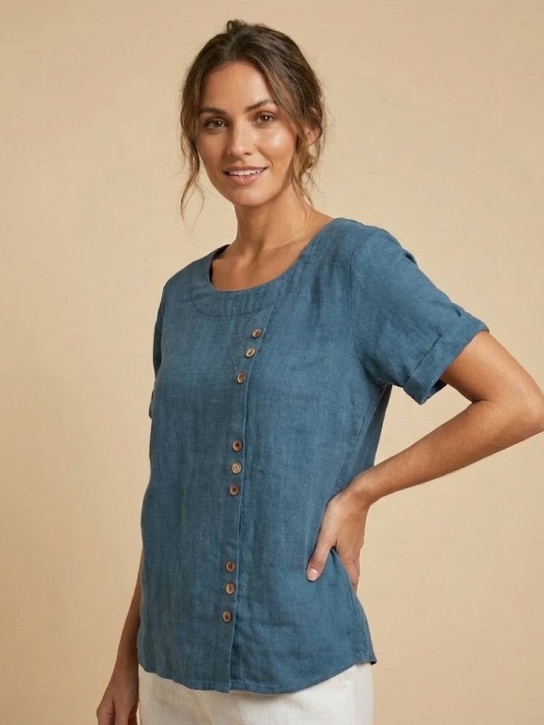 Women's Linen Round Neck Button Blouse