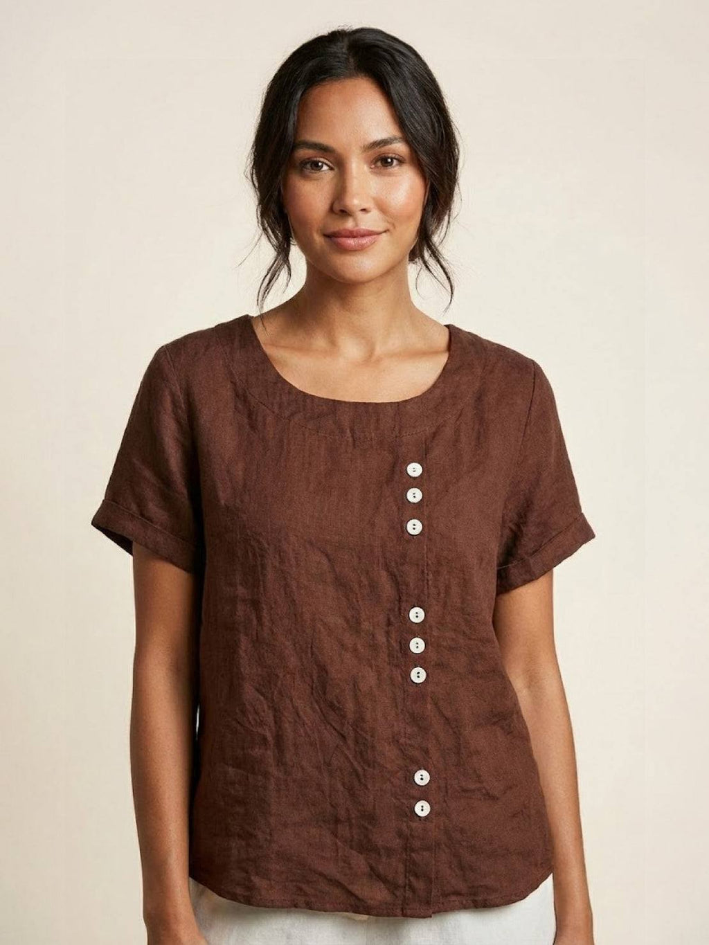 Women's Linen Round Neck Button Blouse
