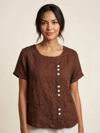 Women's Linen Round Neck Button Blouse