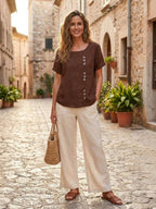 Women's Linen Round Neck Button Blouse