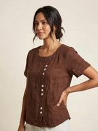 Women's Linen Round Neck Button Blouse