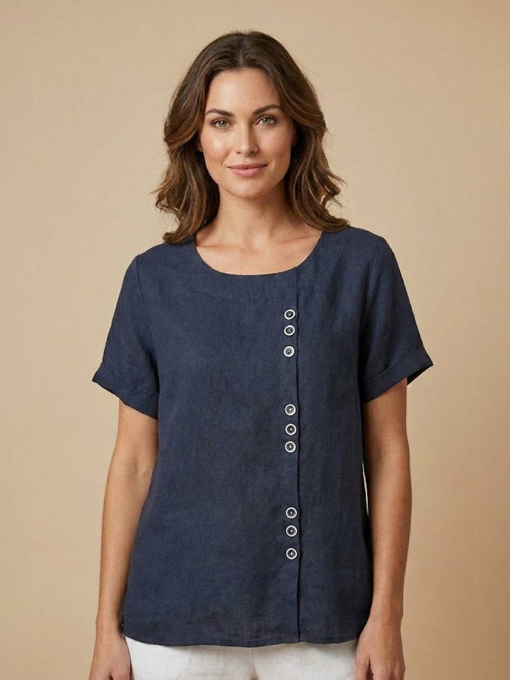 Women's Linen Round Neck Button Blouse