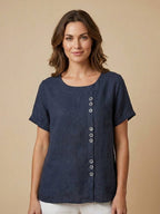 Women's Linen Round Neck Button Blouse
