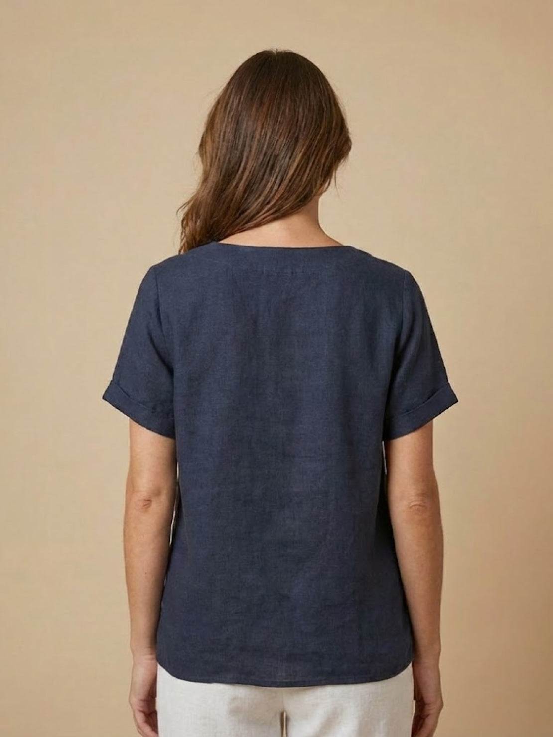 Women's Linen Round Neck Button Blouse