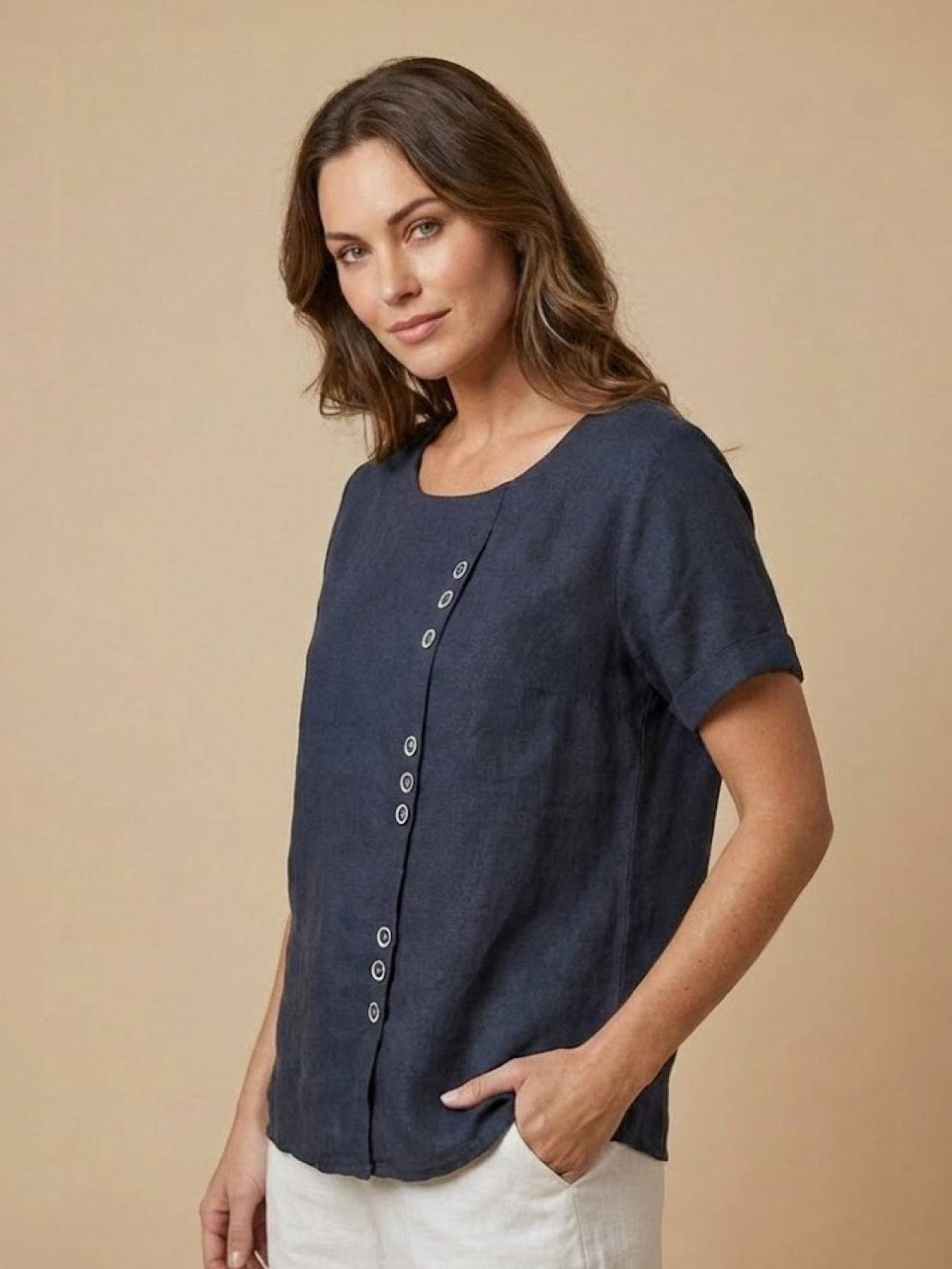 Women's Linen Round Neck Button Blouse