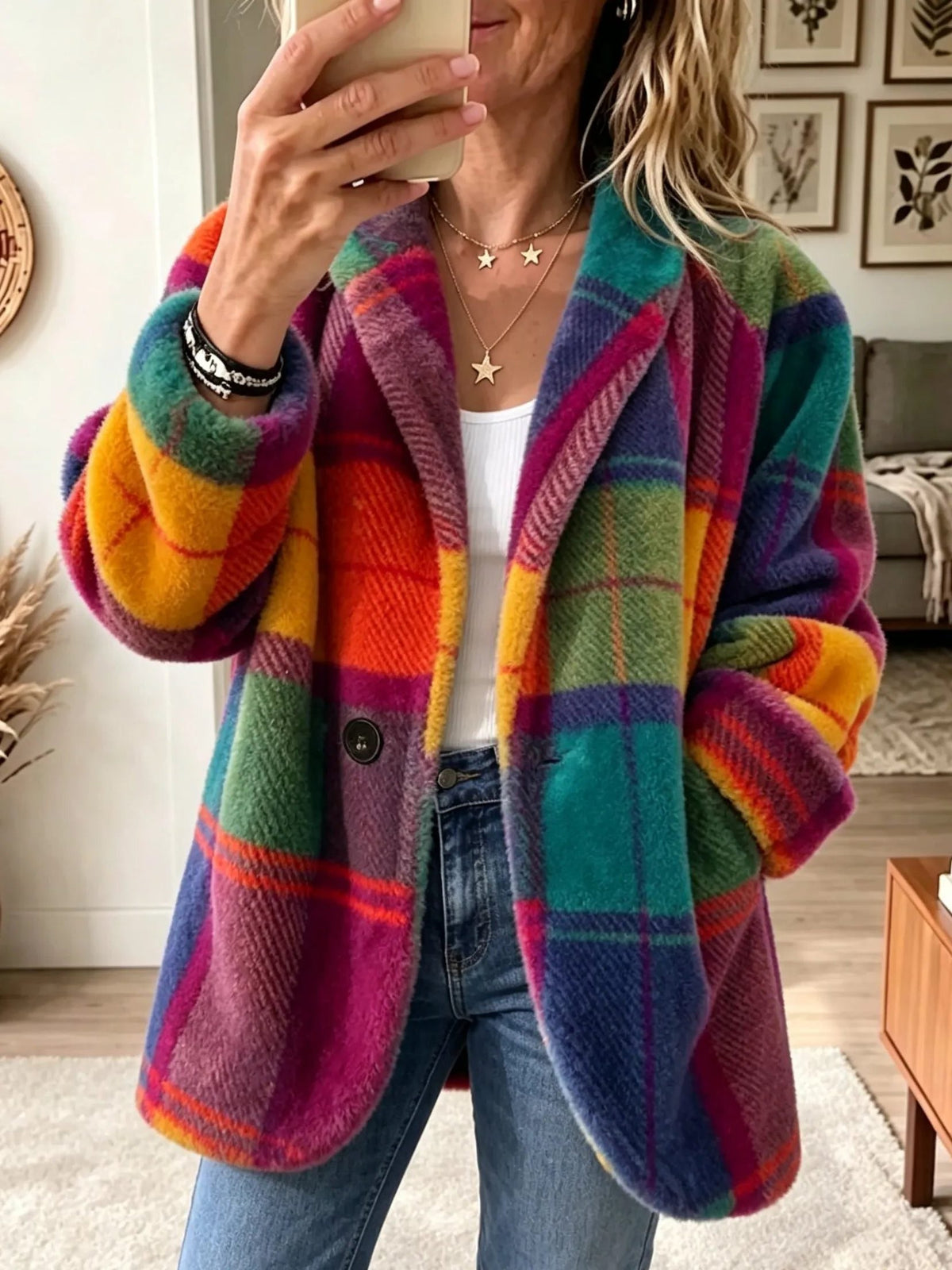 Women's Multicolor Plaid Oversized Blazer in a Longer Cut - Rainbow