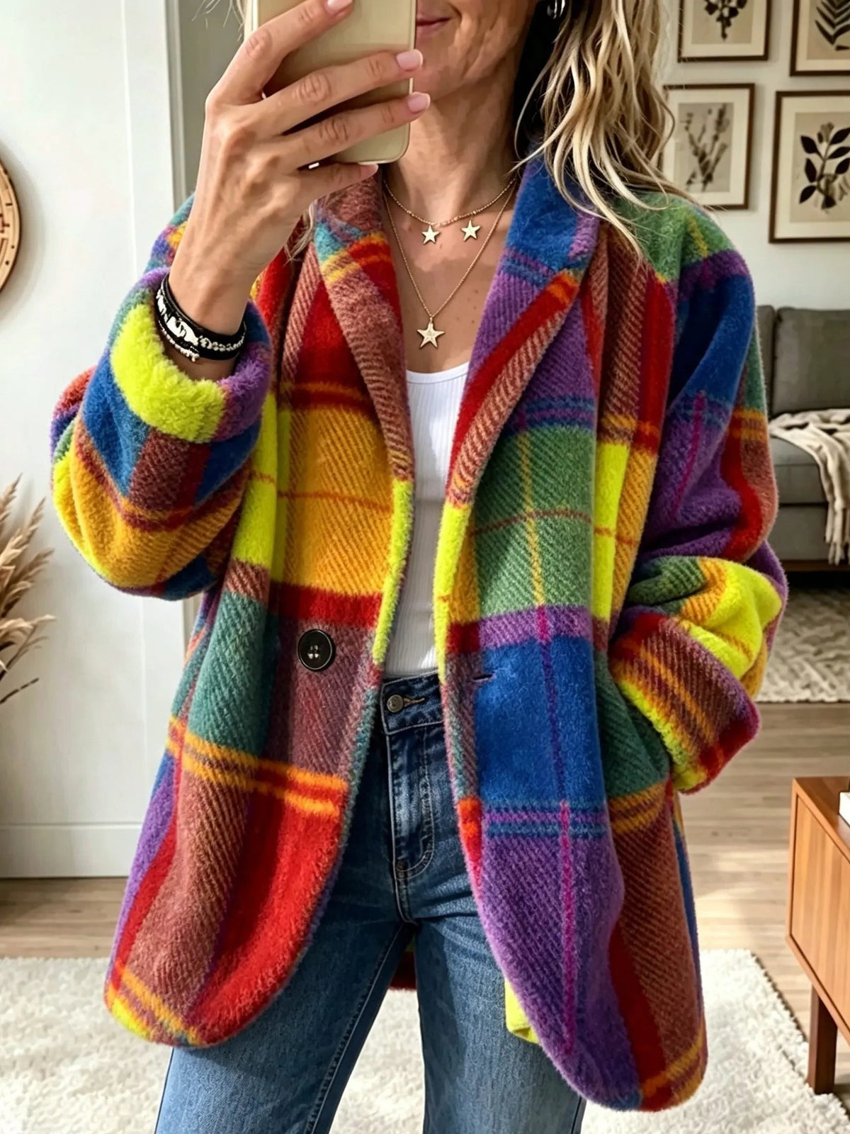 Women's Multicolor Plaid Oversized Blazer in a Longer Cut - Sun