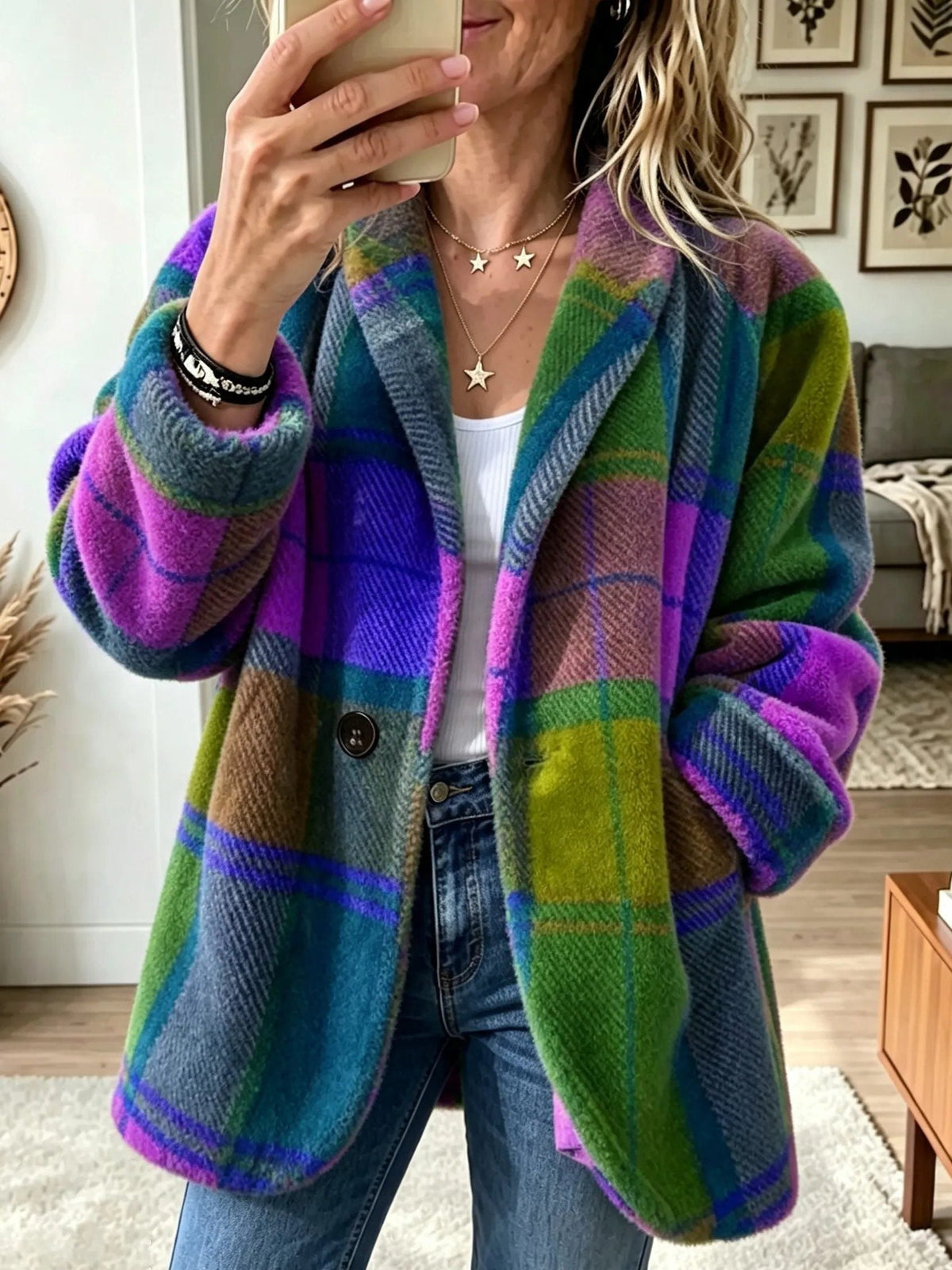 Women's Multicolor Plaid Oversized Blazer in a Longer Cut - Neptune