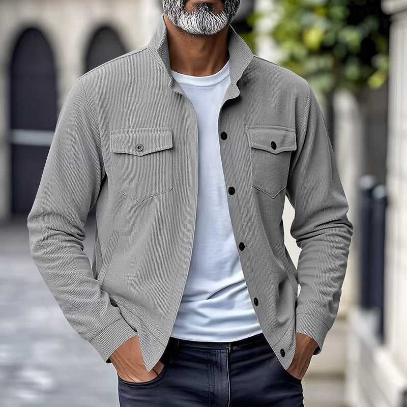 Men's Fine-Rib Overshirt Jacket with Two Flap Chest Pockets - Gray