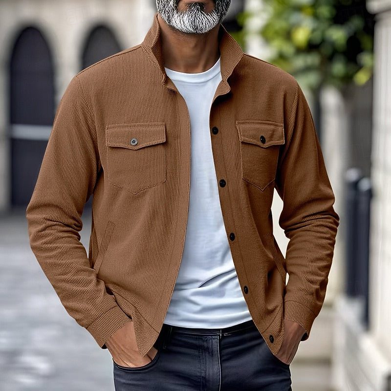 Men's Fine-Rib Overshirt Jacket with Two Flap Chest Pockets - Brown