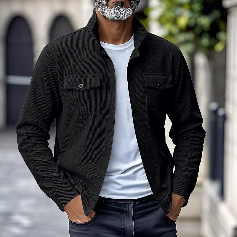 Men's Fine-Rib Overshirt Jacket with Two Flap Chest Pockets - Black