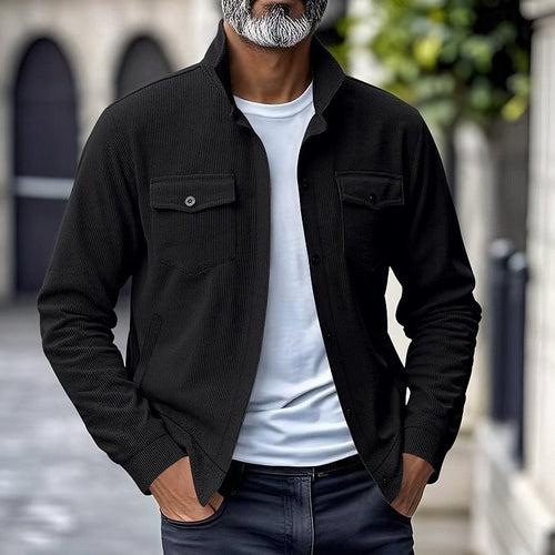 Men's Fine-Rib Overshirt Jacket with Two Flap Chest Pockets - Black