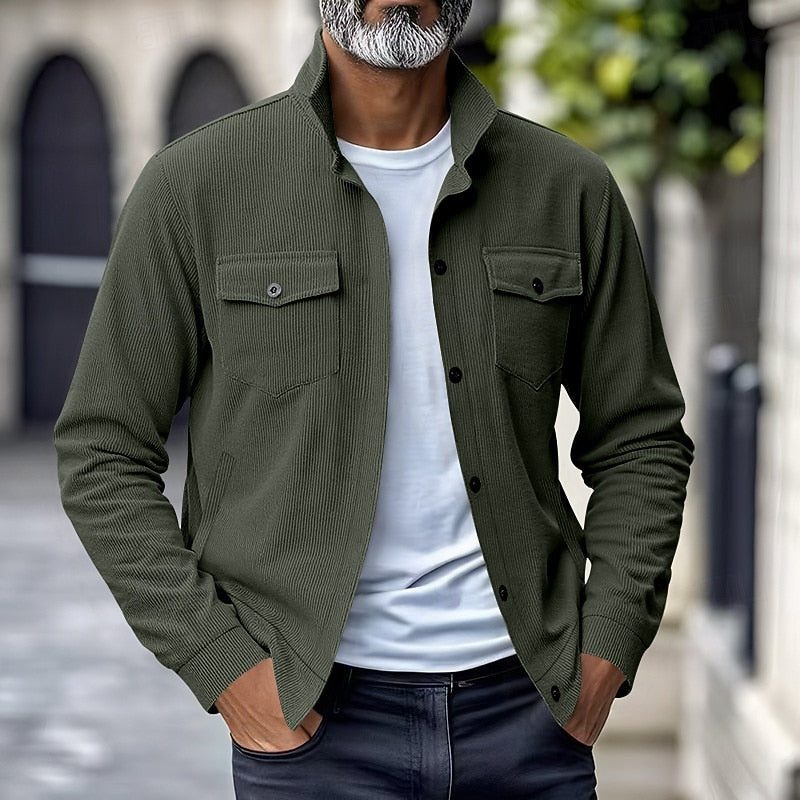 Men's Fine-Rib Overshirt Jacket with Two Flap Chest Pockets - Olive Green