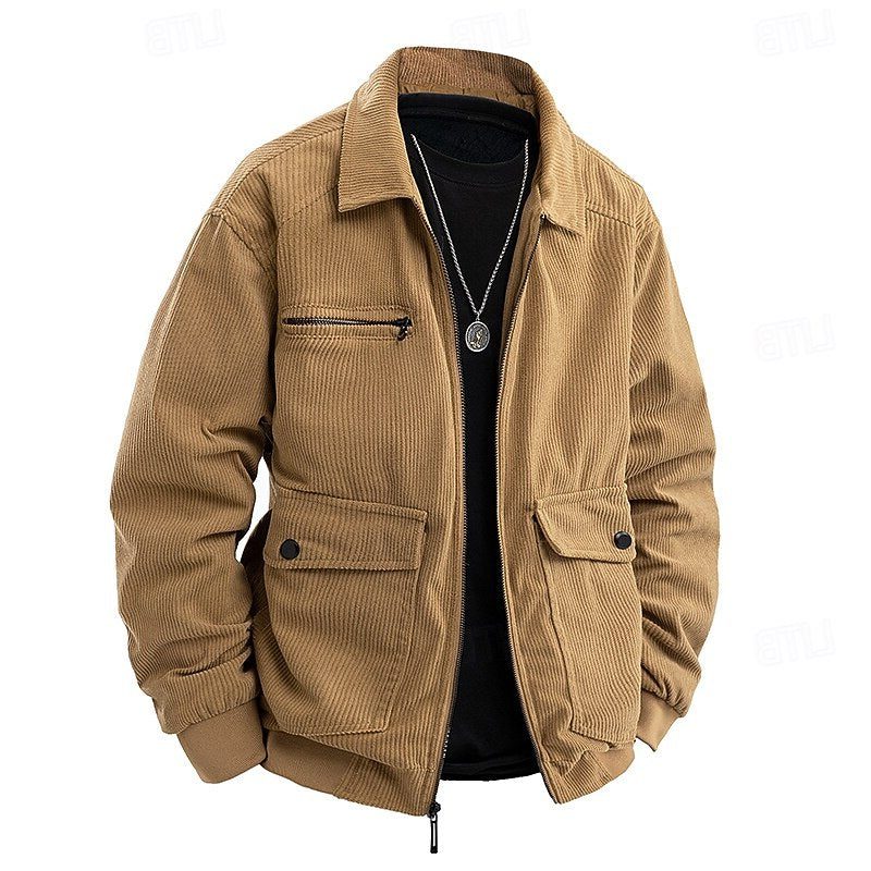 Men's Corduroy Zip-Up Jacket with Ribbed Cuffs - Khaki
