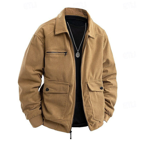Men's Corduroy Zip-Up Jacket with Ribbed Cuffs - Khaki