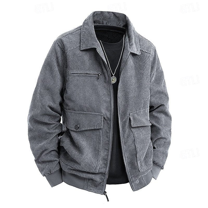 Men's Corduroy Zip-Up Jacket with Ribbed Cuffs - Gray