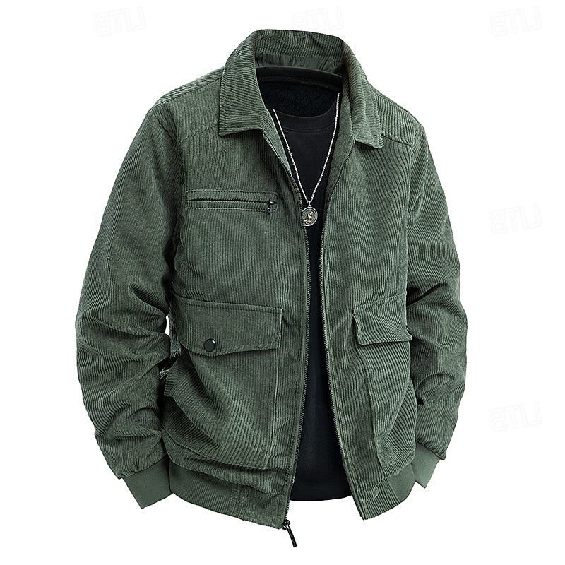 Men's Corduroy Zip-Up Jacket with Ribbed Cuffs - Olive Green